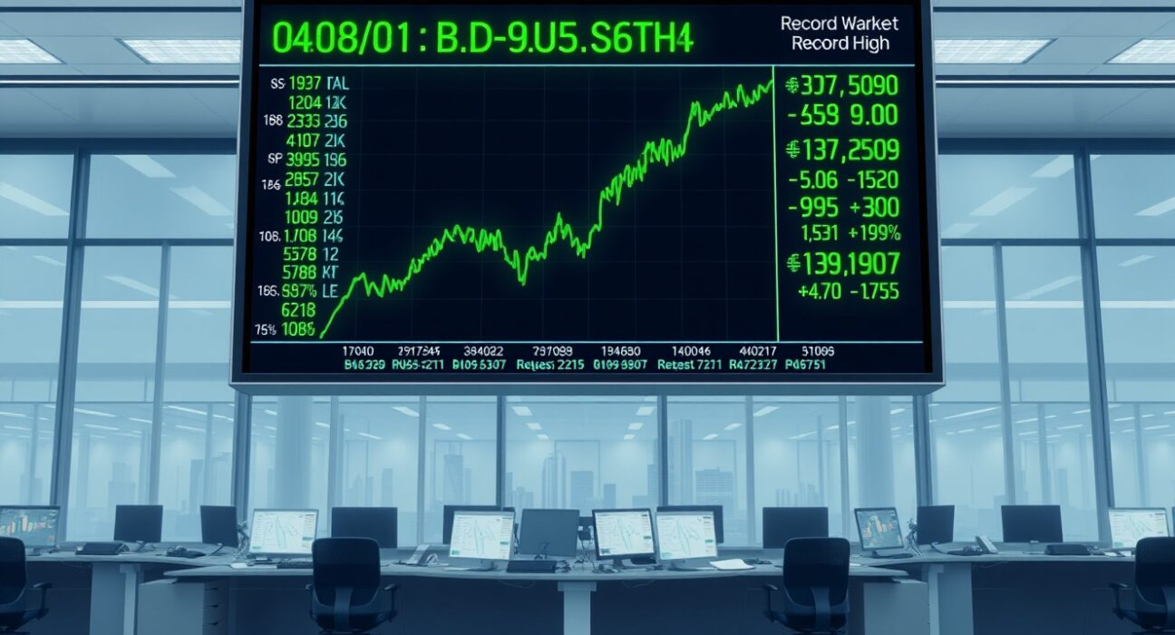 Dow Jones futures climb as Wall Street posts record closes, with green charts on a digital display board.
