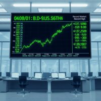 Dow Jones futures climb as Wall Street posts record closes, with green charts on a digital display board.
