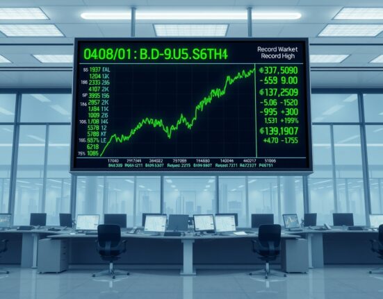 Dow Jones futures climb as Wall Street posts record closes, with green charts on a digital display board.