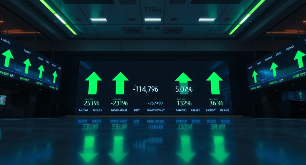 Stock market display showing Dow Jones futures with green positive indicators.