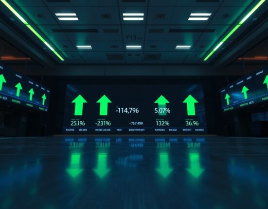 Stock market display showing Dow Jones futures with green positive indicators.
