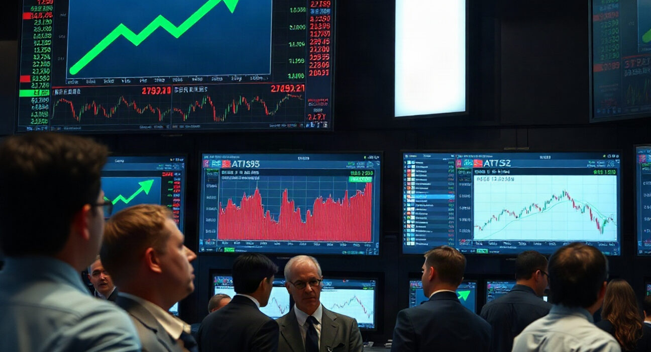 Traders monitoring stock charts on screens in a modern trading floor with green upward trend