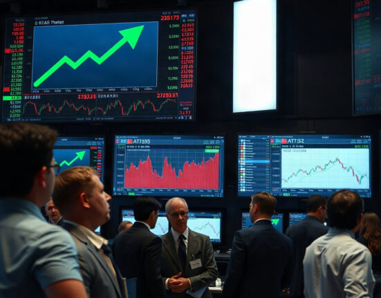 Traders monitoring stock charts on screens in a modern trading floor with green upward trend