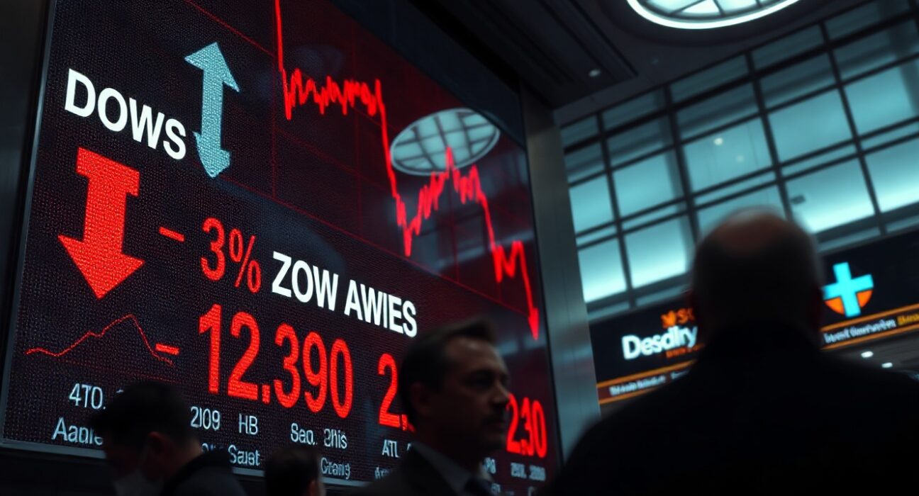 Dow Jones futures display showing red declines on a trading floor amid Middle East tensions