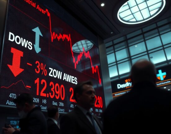 Dow Jones futures display showing red declines on a trading floor amid Middle East tensions