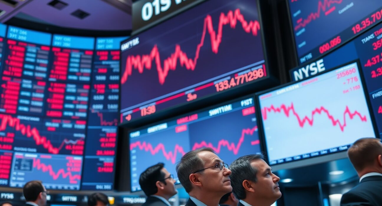 Stock traders watching red screens on a trading floor as Dow Jones futures decline amid geopolitical and monetary policy uncertainty.