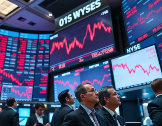 Stock traders watching red screens on a trading floor as Dow Jones futures decline amid geopolitical and monetary policy uncertainty.