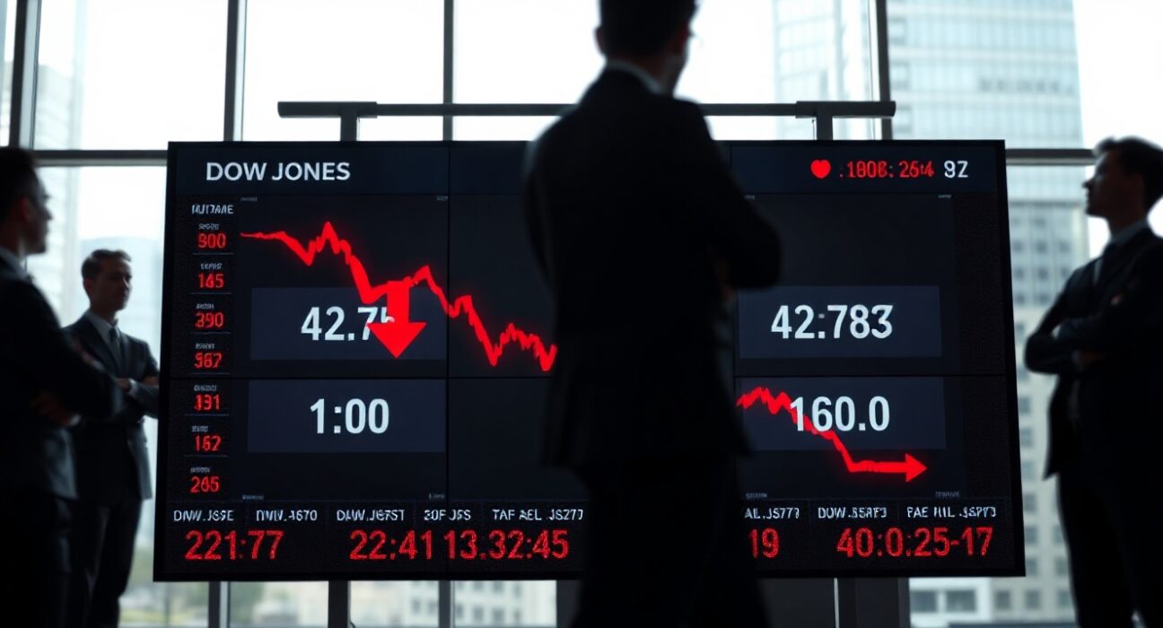 Stock market display board showing Dow Jones futures declining amid geopolitical tensions