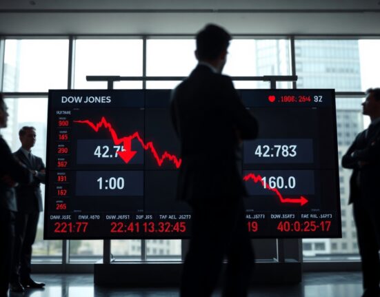 Stock market display board showing Dow Jones futures declining amid geopolitical tensions