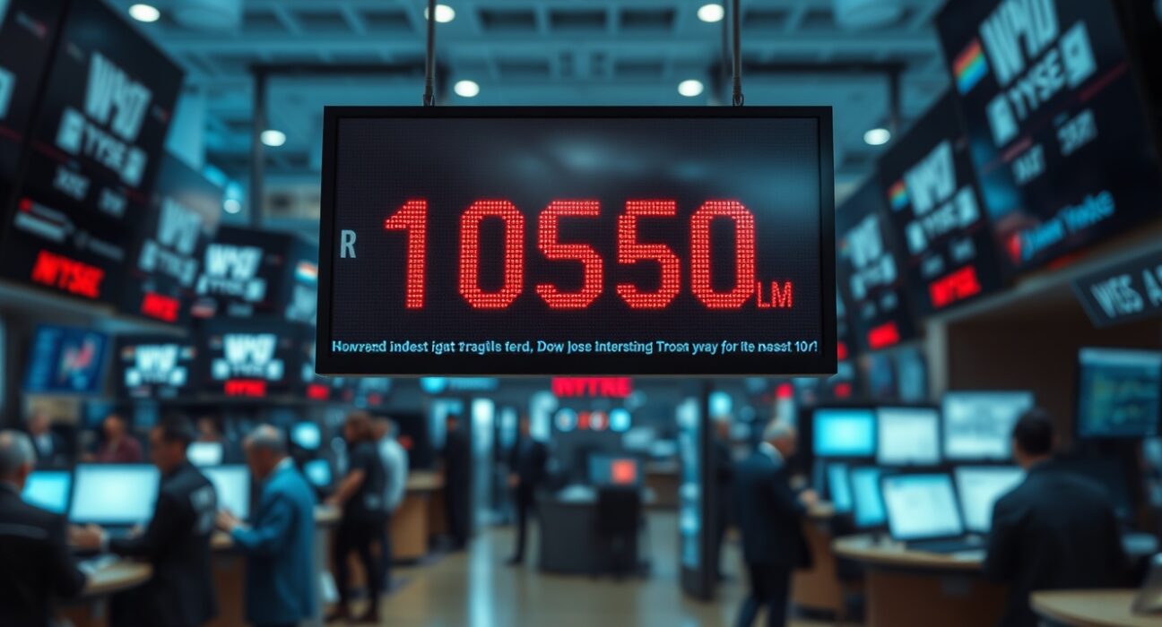 Dow Jones Industrial Average futures ticker in red on a trading floor