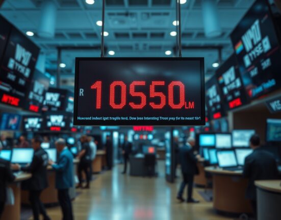 Dow Jones Industrial Average futures ticker in red on a trading floor