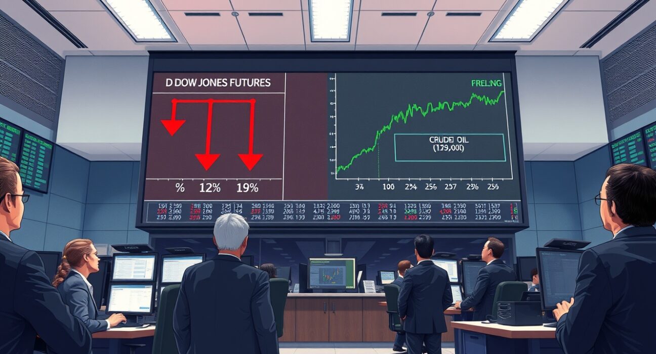 Dow Jones futures and oil prices moving in opposite directions on a financial trading board.