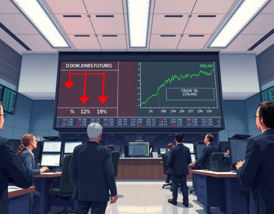 Dow Jones futures and oil prices moving in opposite directions on a financial trading board.