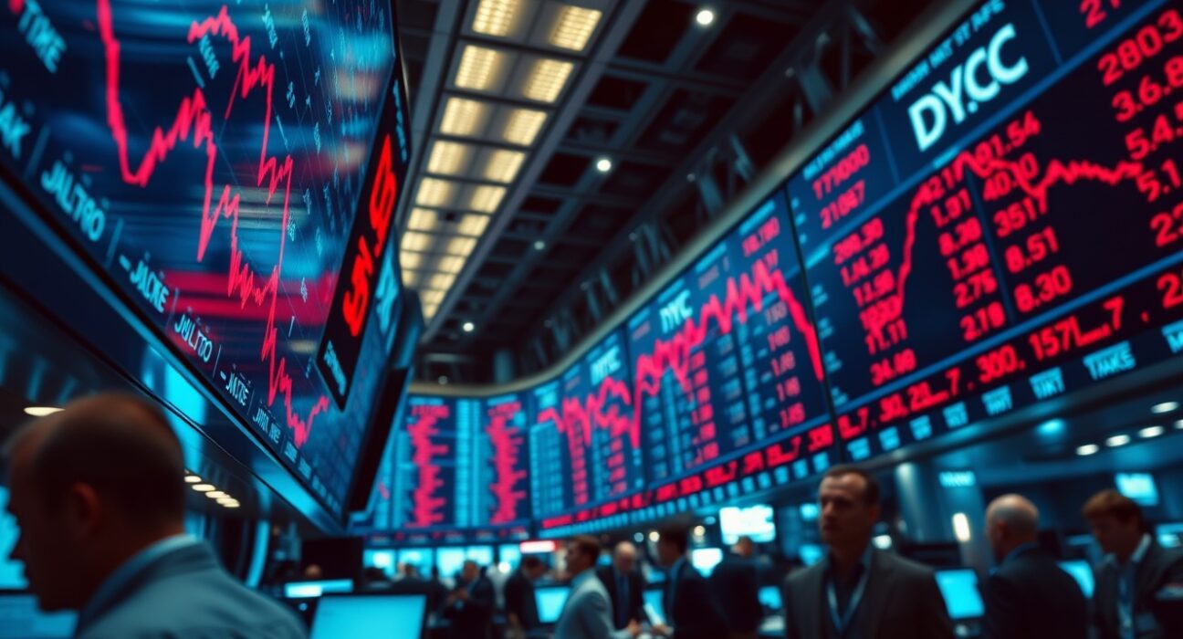 Stock exchange board showing Dow Jones index in red, indicating market decline