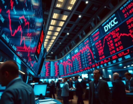 Stock exchange board showing Dow Jones index in red, indicating market decline