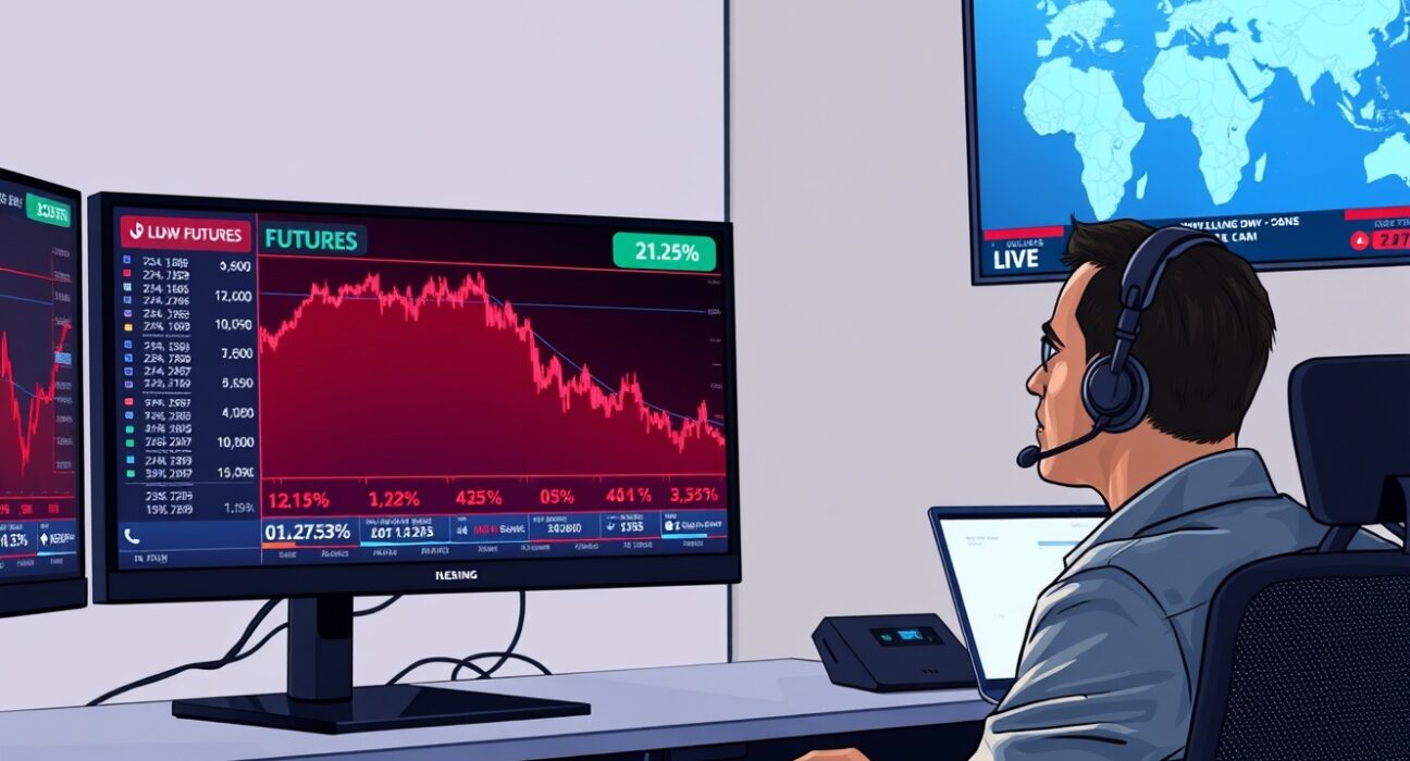 Dow Jones futures falling on trading desk monitors amid US-Iran geopolitical tensions affecting financial markets