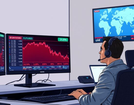 Dow Jones futures falling on trading desk monitors amid US-Iran geopolitical tensions affecting financial markets