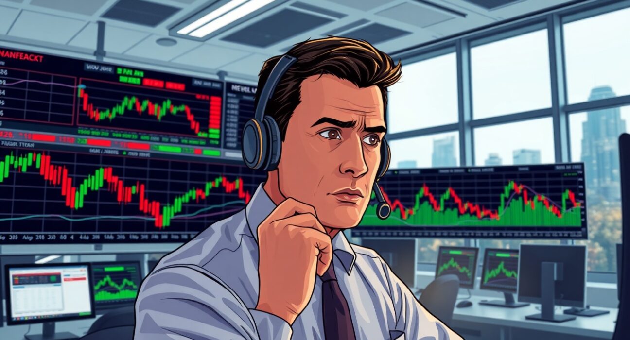 Trader analyzing Dow Jones futures charts during volatile market conditions showing fear-hope cycle impact