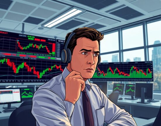 Trader analyzing Dow Jones futures charts during volatile market conditions showing fear-hope cycle impact