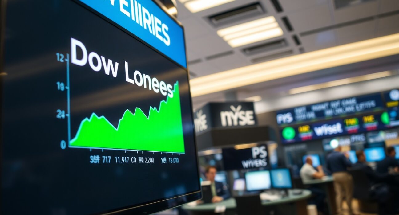 Digital display showing Dow Jones futures trending upward on a trading floor.