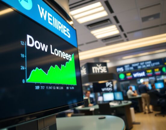 Digital display showing Dow Jones futures trending upward on a trading floor.