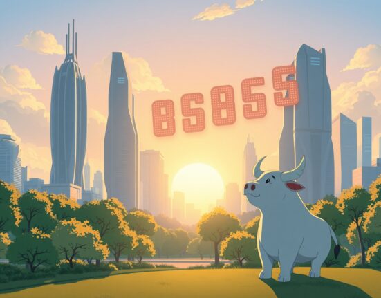 Dow Jones futures market optimism illustrated as a hopeful sunrise over a city, symbolizing rising risk sentiment.