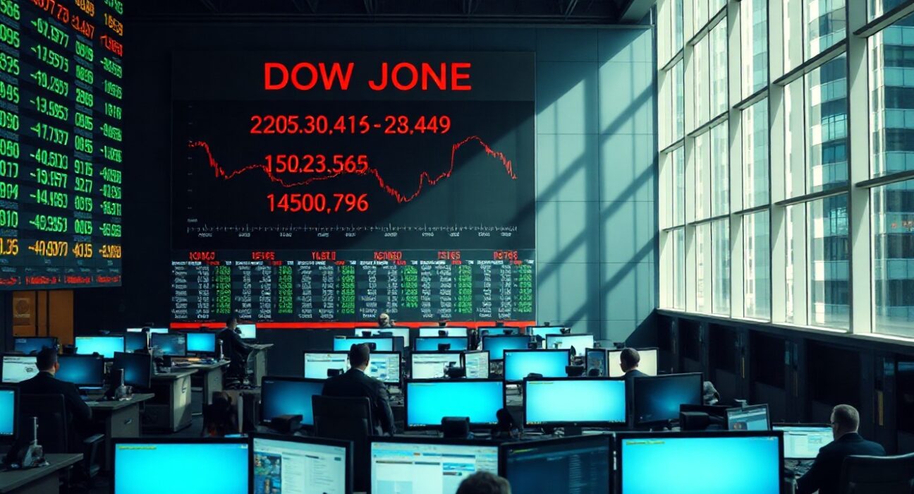 Dow Jones index board on a trading floor with traders working at desks