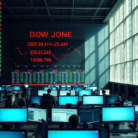Dow Jones index board on a trading floor with traders working at desks