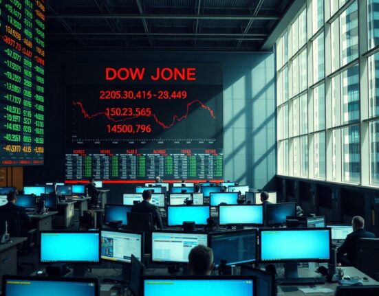 Dow Jones index board on a trading floor with traders working at desks