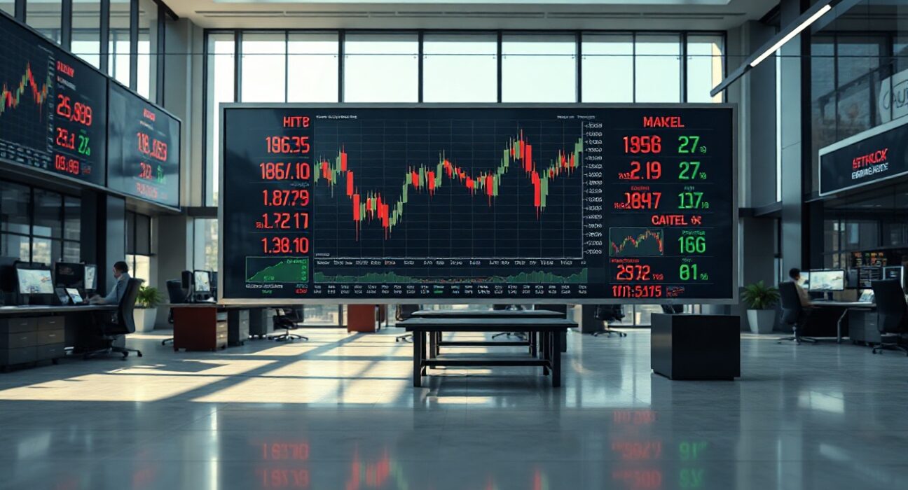 Stock market display showing Dow Jones futures decline amid Fed rate speculation