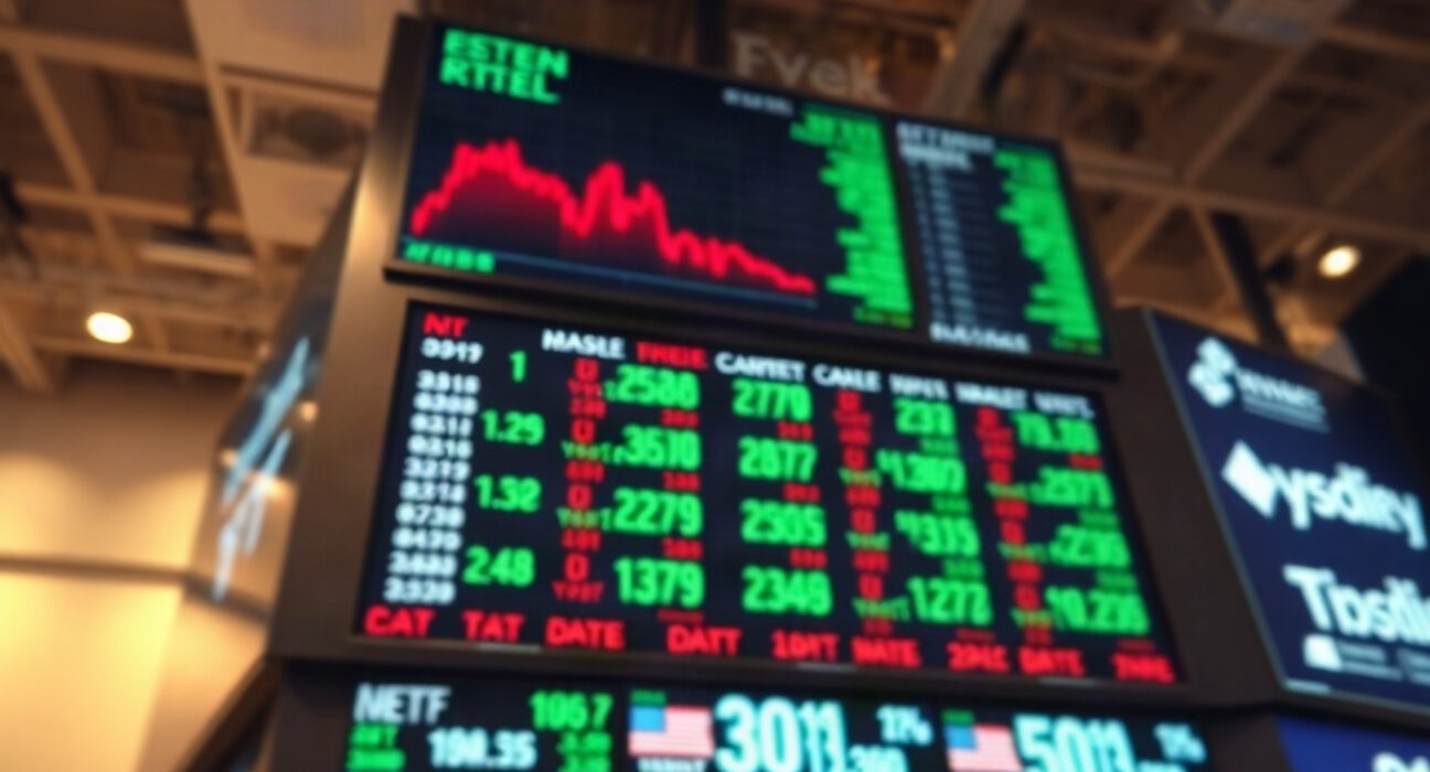 Stock market display board showing Dow Jones futures and index data on a trading floor.