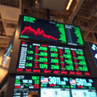Stock market display board showing Dow Jones futures and index data on a trading floor.