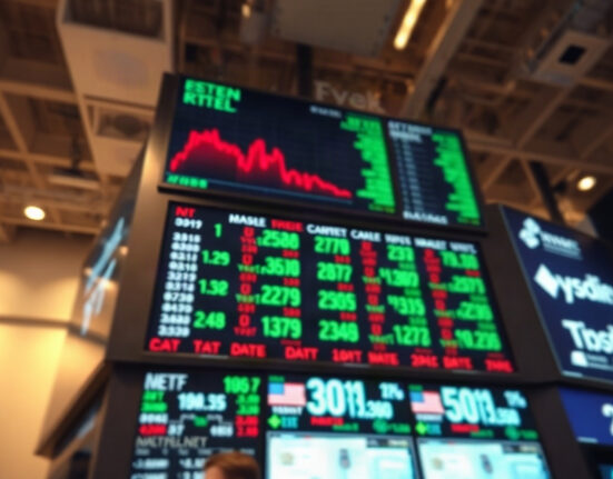 Stock market display board showing Dow Jones futures and index data on a trading floor.