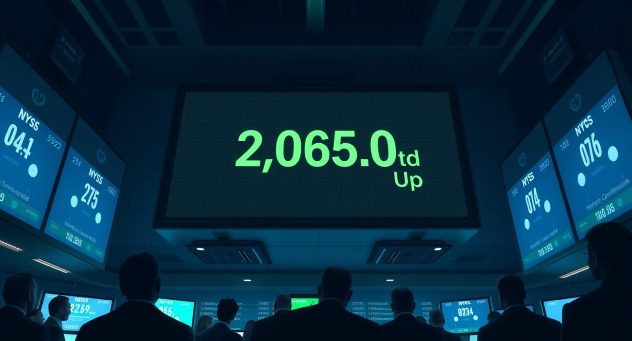 Dow Jones futures gain ahead of tech earnings and Fed policy decision, with a green stock market display on a trading floor.