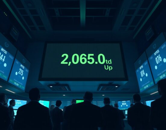 Dow Jones futures gain ahead of tech earnings and Fed policy decision, with a green stock market display on a trading floor.