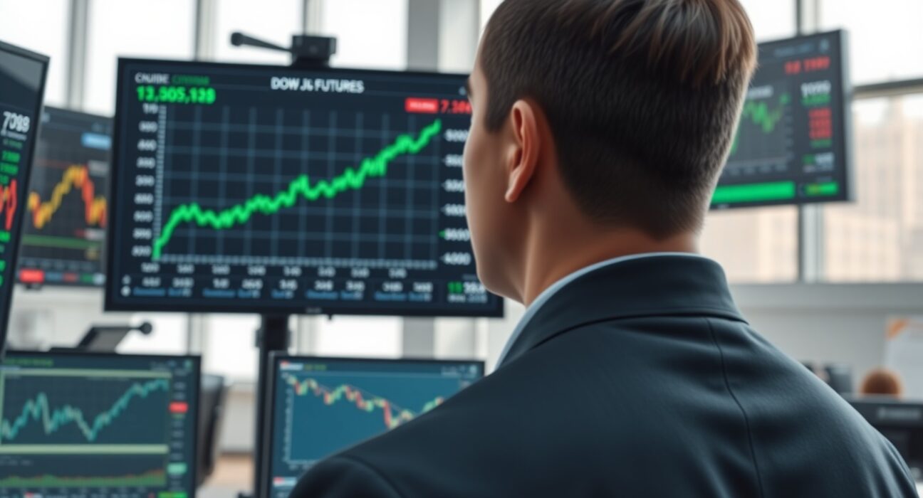 Dow Jones futures chart showing gains alongside falling oil prices on trading floor monitors