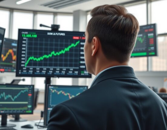 Dow Jones futures chart showing gains alongside falling oil prices on trading floor monitors