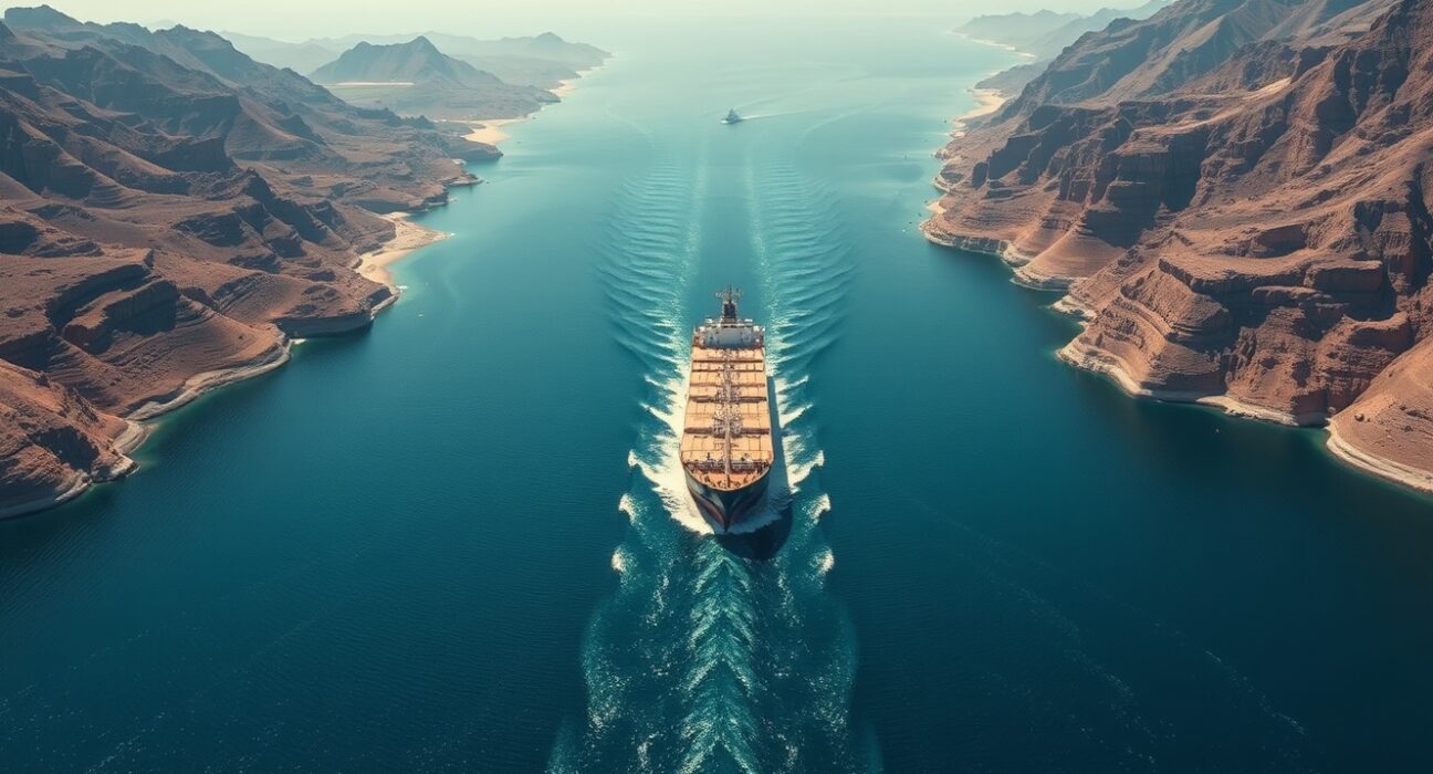 Oil tanker navigating the strategic Strait of Hormuz, a key chokepoint for global oil shipments.