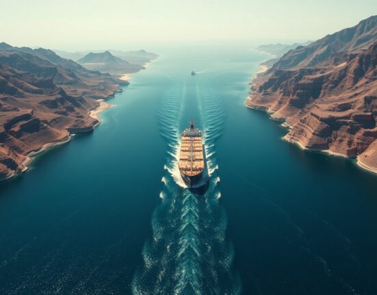 Oil tanker navigating the strategic Strait of Hormuz, a key chokepoint for global oil shipments.