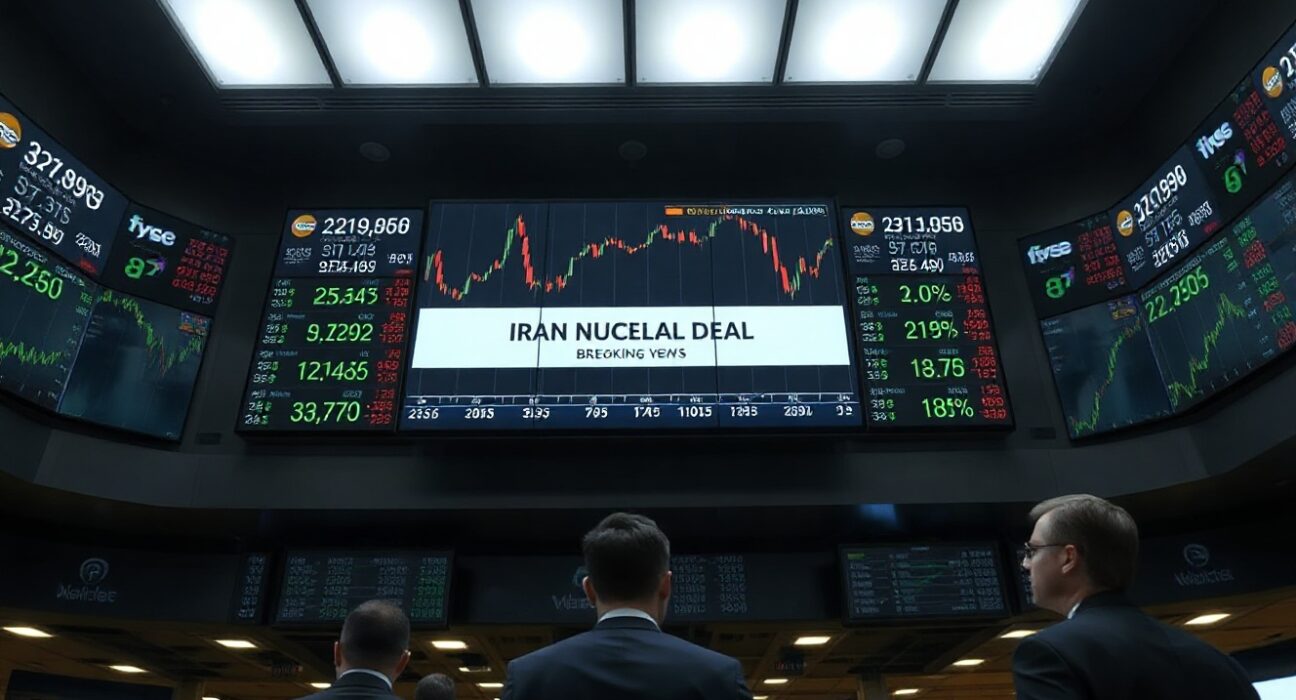 Trading floor screens display Dow Jones futures data amid Iran deal news