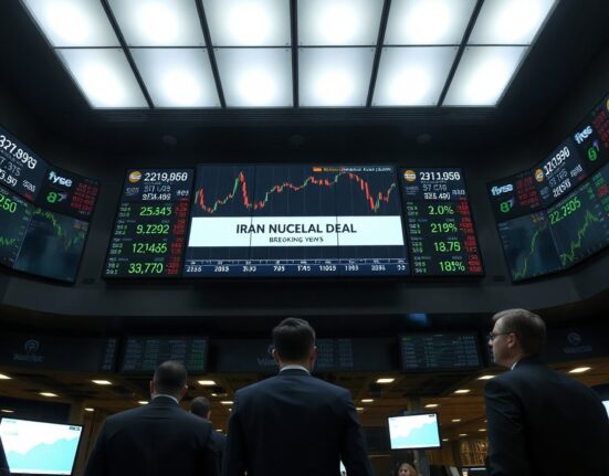 Trading floor screens display Dow Jones futures data amid Iran deal news