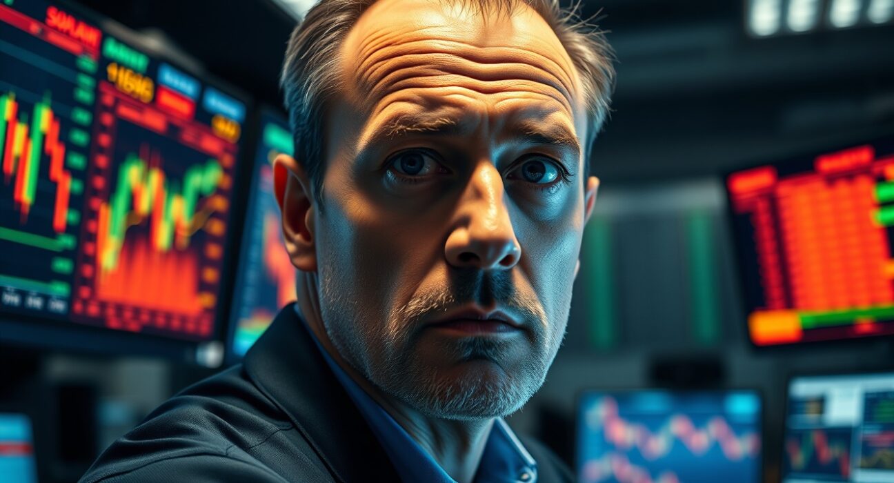 Stock trader monitoring market screens as Dow Jones futures slip amid Iran nuclear tensions