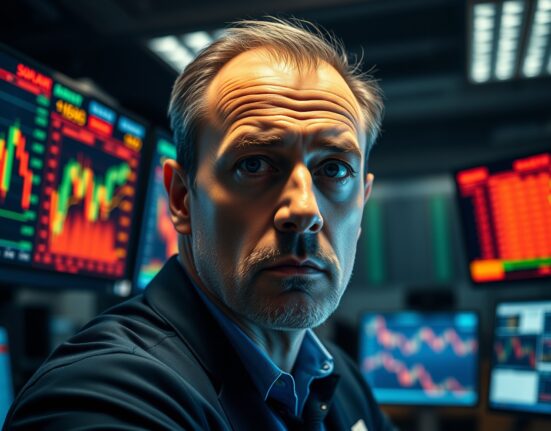 Stock trader monitoring market screens as Dow Jones futures slip amid Iran nuclear tensions