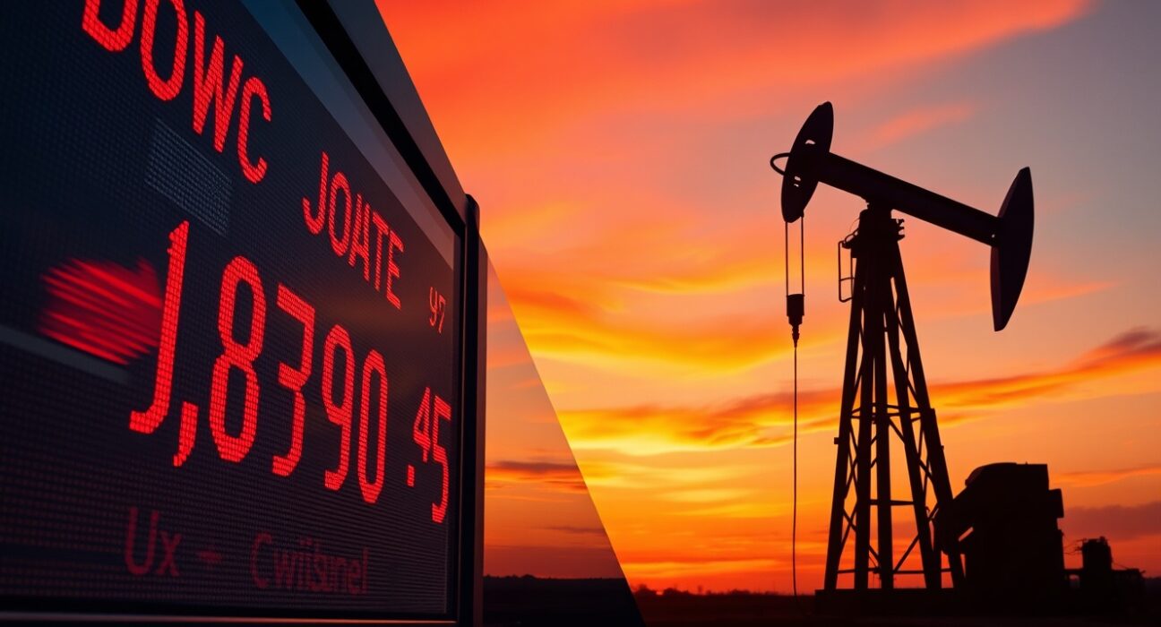 Dow Jones Industrial Average futures ticker and crude oil pumpjack illustrating market volatility from stalled Iran talks and oil price surge