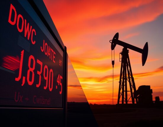 Dow Jones Industrial Average futures ticker and crude oil pumpjack illustrating market volatility from stalled Iran talks and oil price surge