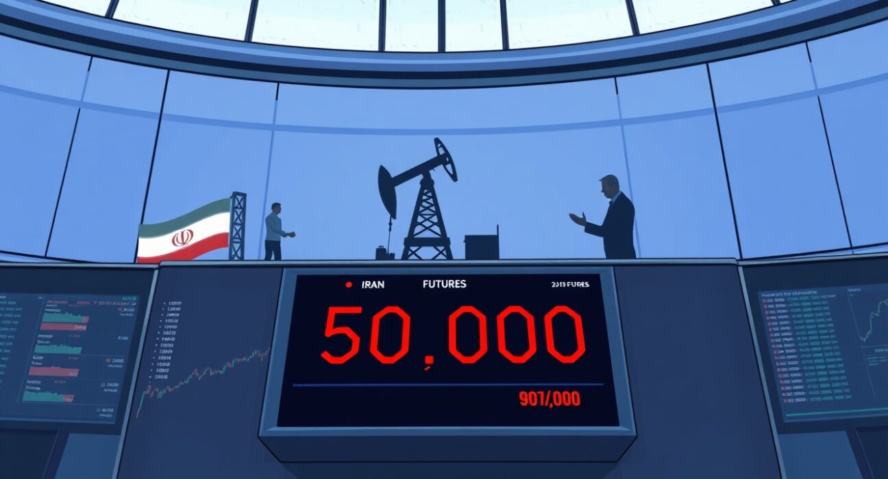 Dow Jones futures ticker near 50K with Iran oil offer and tariff noise in background