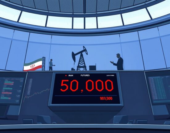 Dow Jones futures ticker near 50K with Iran oil offer and tariff noise in background