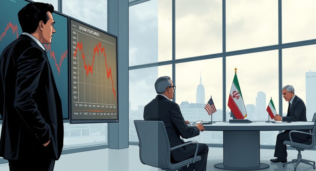 Dow Jones futures chart declining with US and Iran diplomats at stalled peace talks in background
