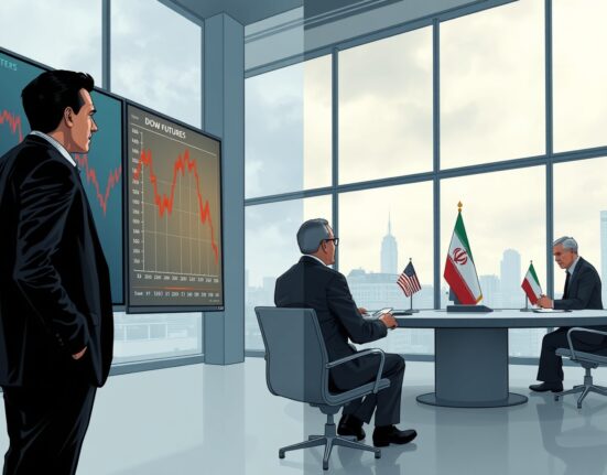 Dow Jones futures chart declining with US and Iran diplomats at stalled peace talks in background