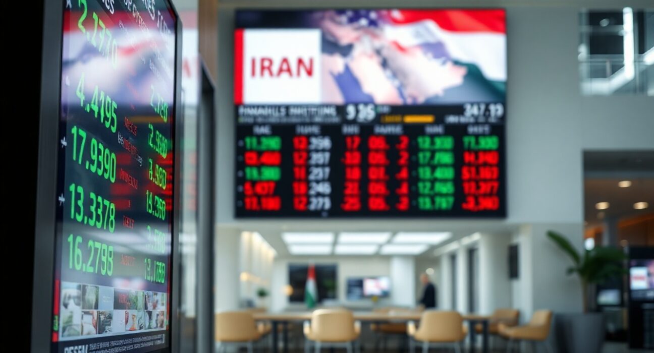 Stock market display board showing futures near record highs amid Iran nuclear talks breakdown